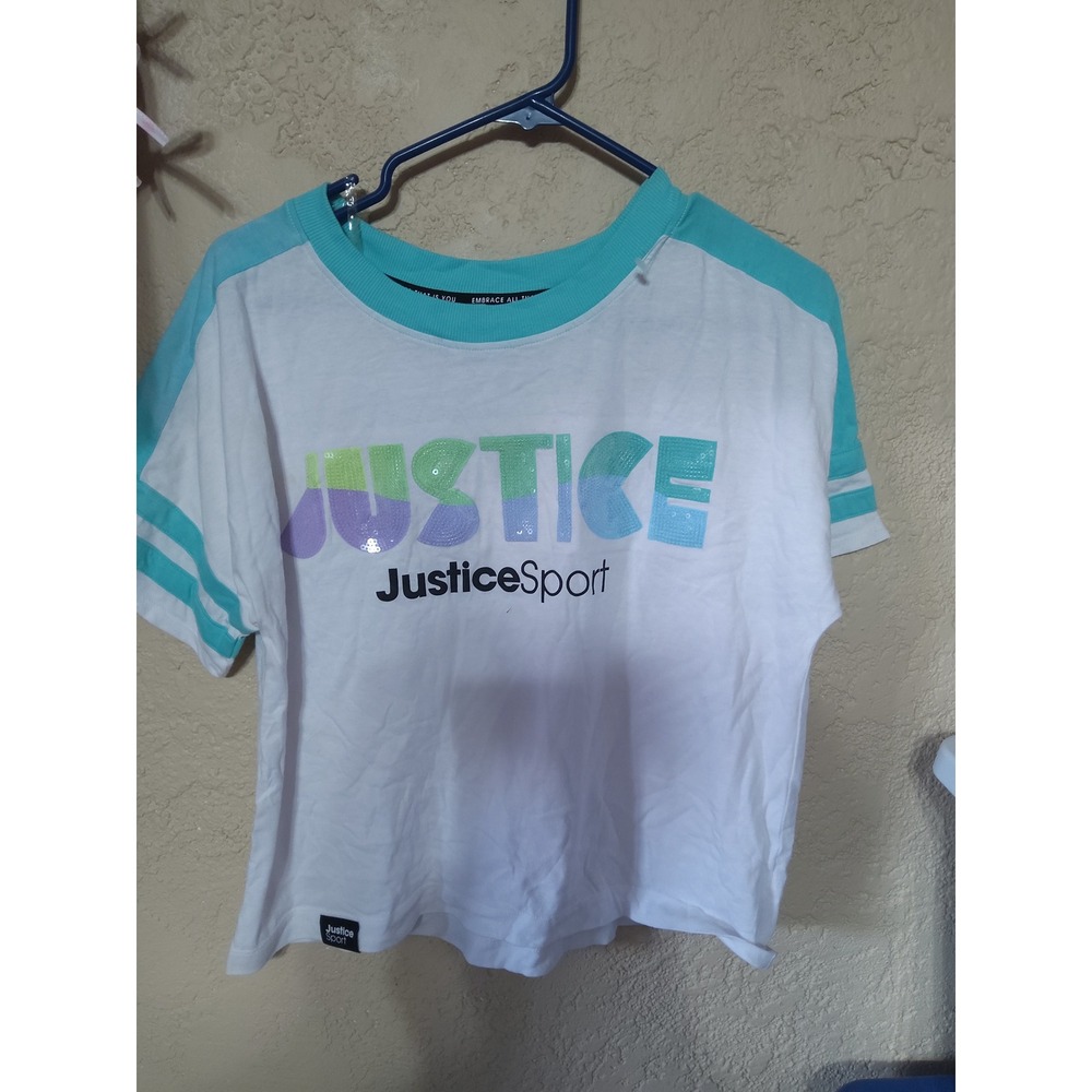 Justice Sport Girls XL 16 18 White Sequin Logo Short Sleeve T-Shirt Teal Trim